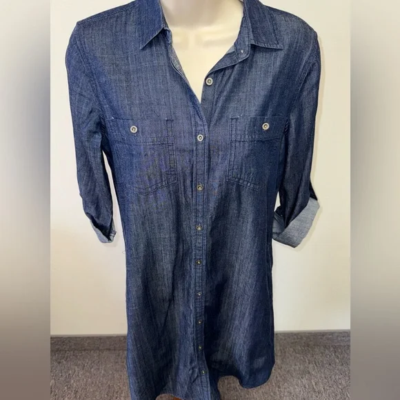 Banana Republic (0) Blue Button Up ¾ Sleeve Midi Dress - Picture 3 of 6